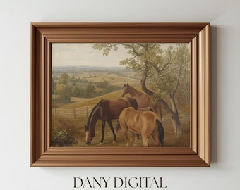 Vintage Horse Landscape Print, Rustic Countryside Farmhouse Artwork (Digital Download)