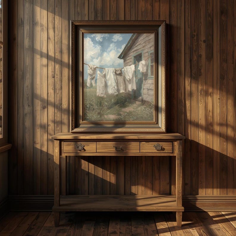 Vintage Laundry Painting, Farmhouse Clothesline Wall Art, Rustic Cottage Decor (Digital Download) image 11