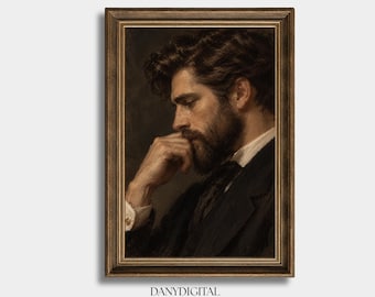 May include: A framed portrait painting of a bearded person with dark wavy hair, shown in profile, resting their chin on a hand. The subject wears a dark suit with a white collar. The frame is dark brown with gold trim. Text reads DANYDIGITAL Art Collective.