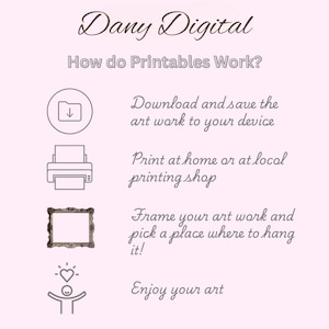 May include: A light pink graphic with the text "Dany Digital" and "How do Printables Work?" Instructions include downloading, printing, framing, and enjoying art. Icons of a download, printer, frame, and person are included.