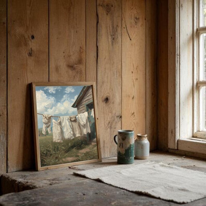 May include: A framed print of a vintage painting showing white laundry hanging on a clothesline under a blue sky with clouds. The print is in a wooden frame, on a rustic wooden surface, with a mug and small vase nearby.