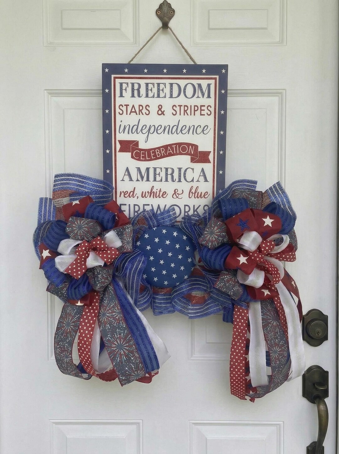 Patriotic Mesh Wreath 4th of July Door Decor Red White Blue Bow ...
