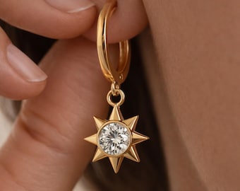 Gold Sunburst Hoop Earrings, Celestial Star Charm, Dainty Huggie Hoops, Minimalist Jewelry