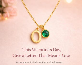 14K Gold Plated Initial Necklace for Women, Letter Emerald Gemstone, Minimal Personalized Valentine Gift