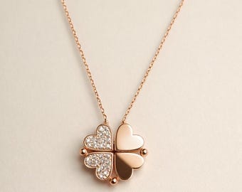 Emerald Clover Necklace in 14K Gold, Minimalist Green Stone Pendant