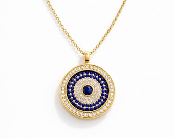 14K Gold Evil Eye Necklace Blue White Stone Protective Gift for Women