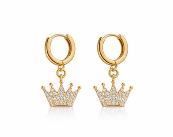 14K Gold Plated Crown Hoop Earrings, CZ Dangle Jewelry, Royal Minimalist Style