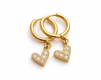 Dainty Heart Hoop Earrings Gold Silver Rose Gold Plated, Minimalist Pavé Charm ICON11