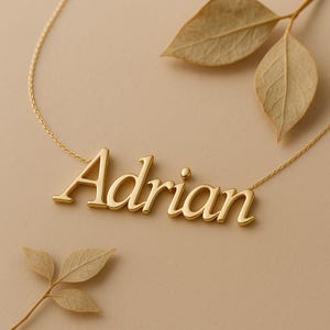 May include: A gold-colored necklace with the name "Adrian" in a cursive font. The necklace is on a delicate chain, and the name is the focal point. The background is a neutral beige color, with dried leaves.