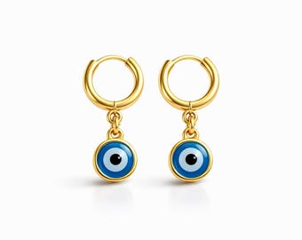 Gold Evil Eye Hoop Earrings, Dainty Protection Charm, Minimalist Blue Eye Jewelry ıcon0011