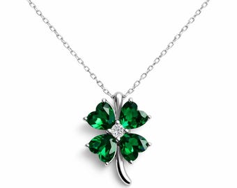 Emerald Green Four Leaf Clover Necklace, Silver Pendant, Lucky Valentine's Gift ico1ch