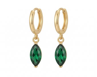 Emerald Drop Earrings, 14K Gold Plated Dainty Earrings, Green Gemstone Dangle, Minimalist Jewelry