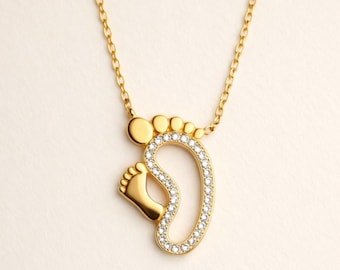 14K Gold Baby Footprint Necklace, Diamond Foot Charm, New Mom Gift PAS11CH