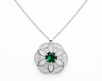 Emerald Floral Necklace – Sterling Silver Pendant – Green Gem Flower Jewelry – Gift for Her