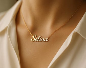 14K Gold Cursive Name Necklace: Personalized Plate Jewelry