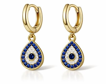 Gold Plated Evil Eye Dangle Hoop Earrings, Blue Sapphire CZ Protection Jewelry