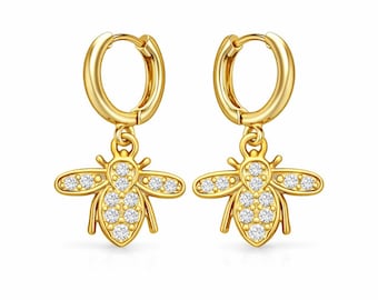 Gold Bee Hoop Earrings, CZ Diamond Nature Inspired Minimalist Jewelry