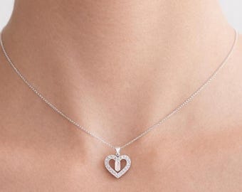 Minimal Open Heart Necklace, 14K Gold Pavé & Baguette Stone, Dainty Necklace