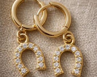 Gold Plated Horseshoe Hoop Earrings, Dainty Diamond Charm, Minimalist Lucky Jewelry