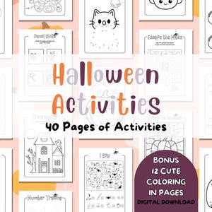 May include: A collection of Halloween-themed activity pages. The pages include mazes, coloring pages, and number tracing. The title "Halloween Activities" is displayed in orange and purple. The text "40 Pages of Activities" is also visible. Bonus: 12 cute coloring pages.