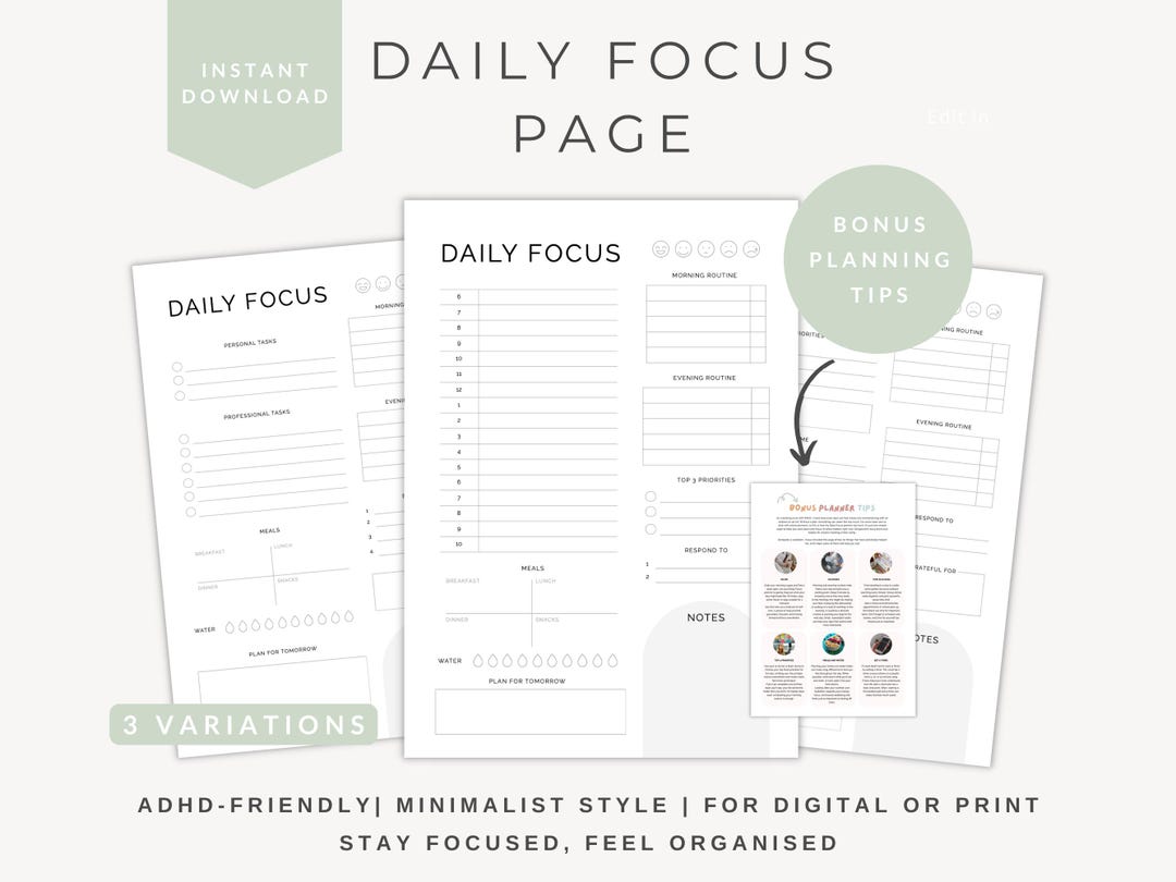 Adhd-friendly Daily Focus Page | Minimalist Daily Planner ...