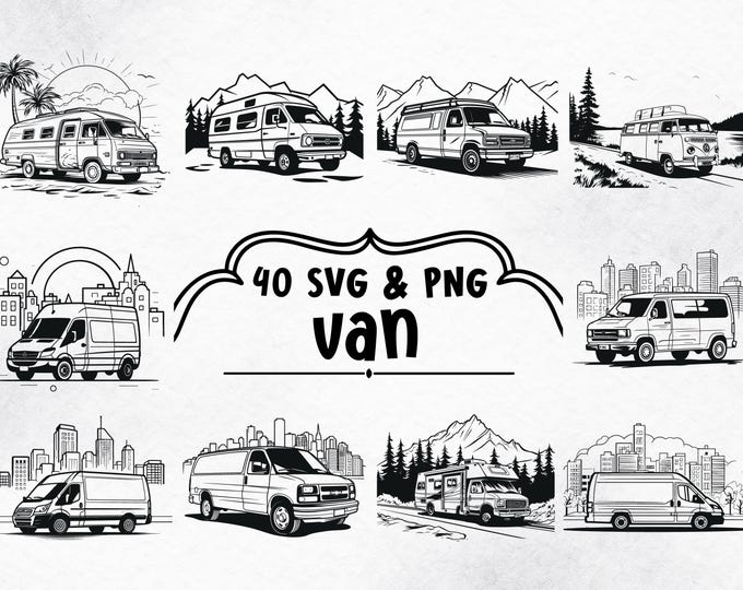 Van Silhouette SVG PNG Bundle, Camper Bus Clipart, Retro Minivan Vector ...