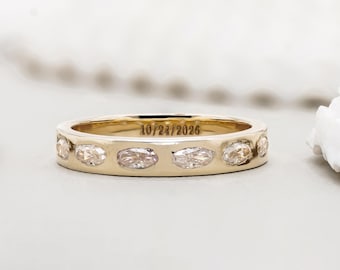Oval Moissanite Cigar Wedding Band: Flush Set Multi Stone Half Eternity Engagement Stacking  Bridal Ring