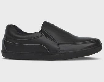 Men's Leather Shoes Slip On Sneakers C15D Black Handmade Custom Shoes