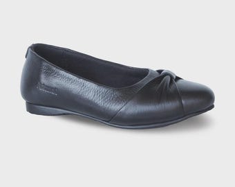 Leren platte pumps dames F02 zwarte handgemaakte custom schoenen