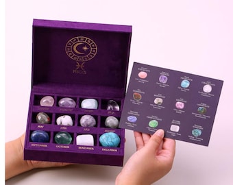 Zodiac Crystal Set – 12 Healing Crystals for Each Month, Birthstone Astrology Gift Box