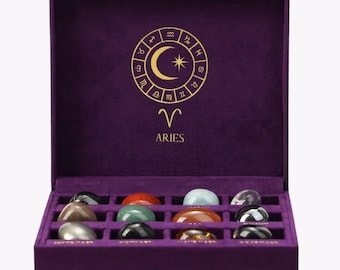 Aries Zodiac Crystal Set – 12 Monthly Birthstones ,Astrology Gift,Birthday Crystals,Luxury Velvet Box,