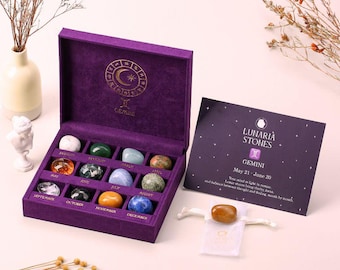 Gemini Zodiac Crystal Set, 12 Healing Birthstones, Astrology Gift Box