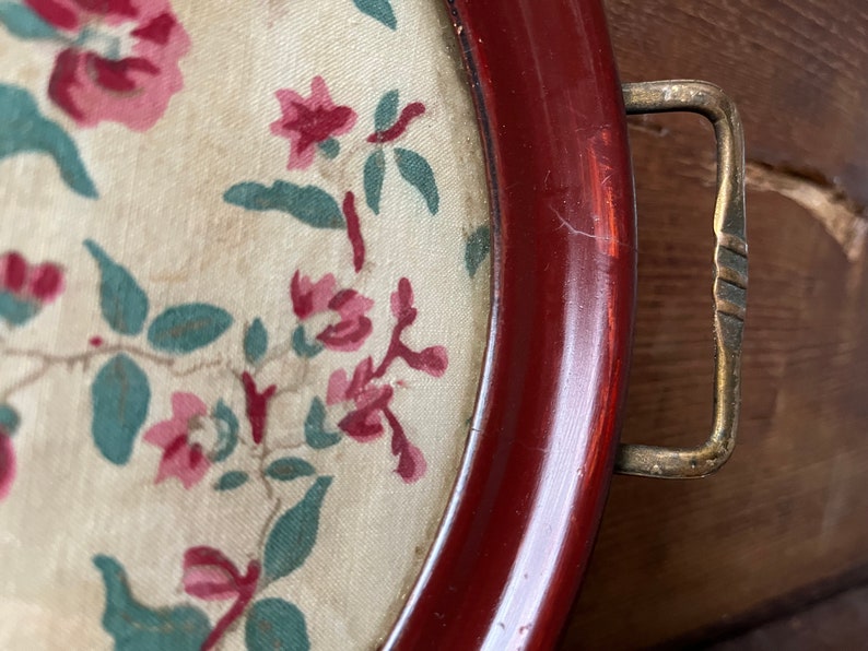Antique Vanity Tray Glass Vintage Fabric Brass Handles Etsy