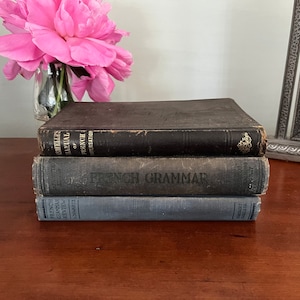 May include: A stack of three vintage books on a wooden surface. The top book is black and has the title "Schiffler's Manual of French Conversation". The middle book is dark blue and has the title "French Grammar". The bottom book is light blue and has the title "French Grammar Review".