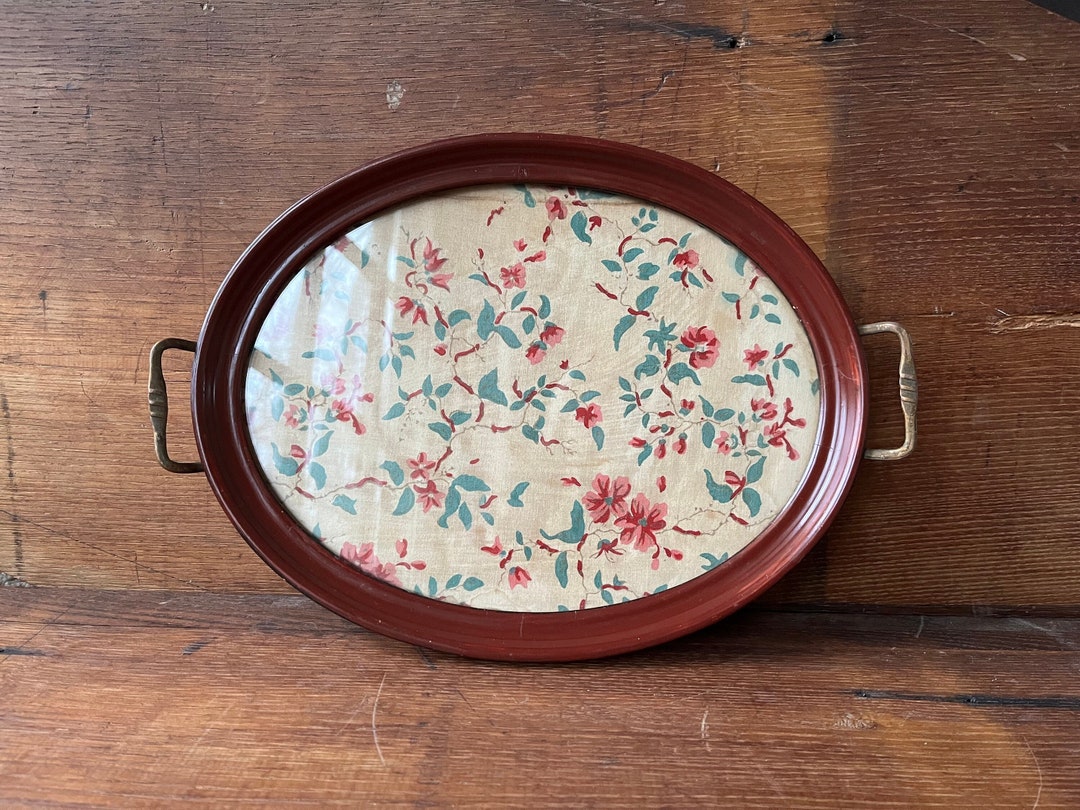 Antique Vanity Tray Glass Vintage Fabric Brass Handles Etsy