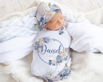 Conjunto de manta suave y gorro con nudo, corona de flores de acuarela personalizada, 100% algodón, con nombre personalizado. Accesorios para fotos de bebé. Regalo para baby shower.
