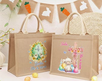Personalisierte Er ist auferstanden Kreuz Schaf Jute Einkaufstasche Benutzerdefinierte Name Egg Jagd Zubehör Ostern Geschenk für Jungen Mädchen