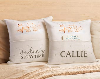 Personalized Woodland Animal Bedtime Story Cushion - Custom Name | Children's Room Decor, Baby Christening & Birthday Gift,Soft Sleep Pillow