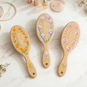 Personalized Birth Flower Airbag Brush | Custom Name | Birthday Hairbrush Gift for Mom |  Mother's Day, Bachelorette Party | Bridesmaid Gift