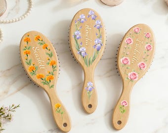 Personalized Birth Flower Airbag Brush | Custom Name | Birthday Hairbrush Gift for Mom |  Mother's Day, Bachelorette Party | Bridesmaid Gift