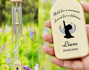Carillón de viento personalizado conmemorativo de ángel bebé: nombre y texto personalizados, decoración de jardín, regalo de cumpleaños o aniversario.