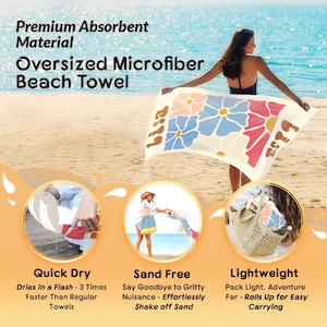 May include: An oversized microfiber beach towel with a floral design in pink, blue, and tan. The towel is held by a person on a sandy beach. Text on the towel reads "Lisa". Additional text highlights the towel's quick-drying, sand-free, and lightweight features.