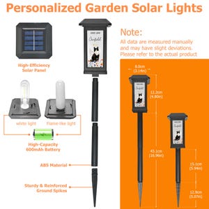 May include: Black garden solar lights with a personalized cat design. The lights have a high-efficiency solar panel, white or flame-like light options, and a 600mAh battery. The lights are 43.1cm (16.96in) tall and 8.0cm (3.14in) wide.