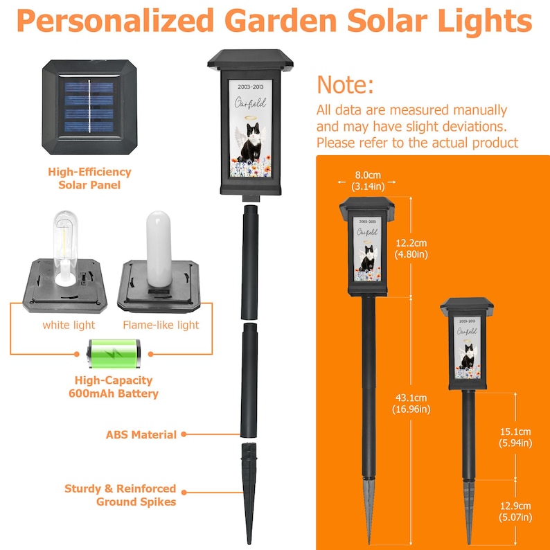 May include: Black garden solar lights with a personalized cat design. The lights have a high-efficiency solar panel, white or flame-like light options, and a 600mAh battery. The lights are 43.1cm (16.96in) tall and 8.0cm (3.14in) wide.