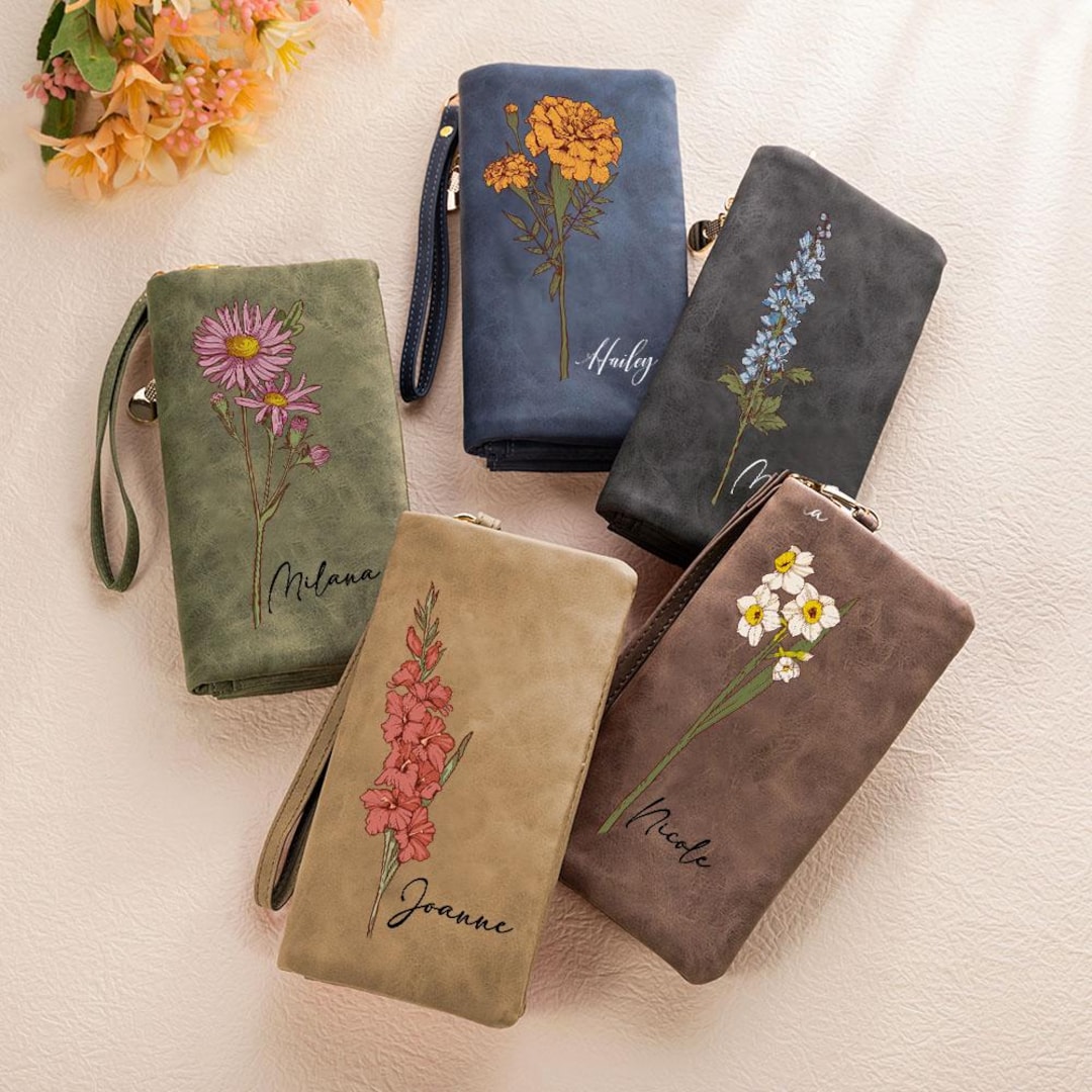 Personalized Watercolor Birth Flower Tri-Fold PU Leather Wristlet Wallet with Card Holder 