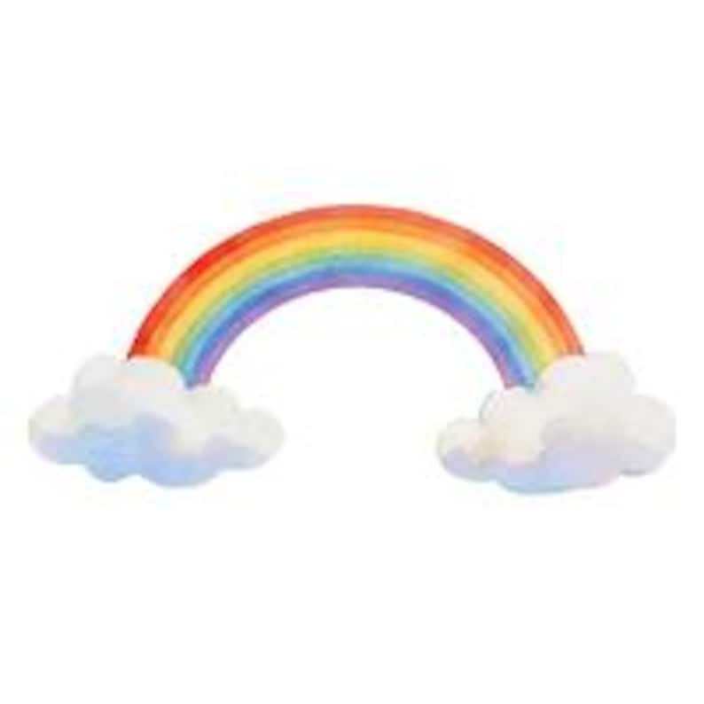 May include: A watercolor illustration of a rainbow with red, orange, yellow, green, blue, and purple arches. Fluffy white clouds are at each end of the rainbow. The image is set against a white background.