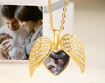 Personalized Sterling Silver Angel Wing Photo Locket Necklace-My Guardian Angel Always Close to My Heart Mother'sDay Gift