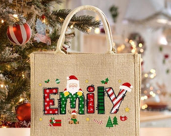 Personalisierte Jute-Einkaufstasche - Benutzerdefinierter Name, niedliches Weihnachtsgeschenk für Kinder und Familie, Weihnachtsgeschenke, Weihnachtsgeschenktaschen