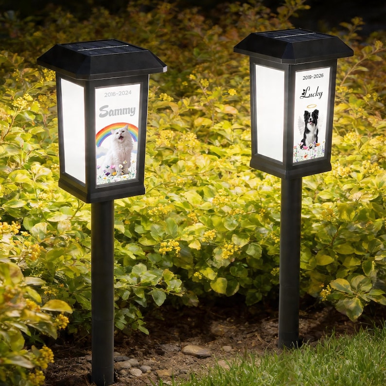 May include: Two black solar-powered memorial lanterns with personalized pet photos. One lantern features a white dog with a rainbow, the name "Sammy" and dates 2016-2024. The other lantern has a black and white dog, the name "Lucky" and dates 2019-2026.
