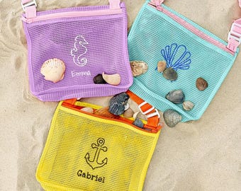 Personalized Embroidered Crab Starfish Shell Mesh Beach Bag, Custom Name Adjustable Strap Collecting Pouch Travel Essential Gift for Kids